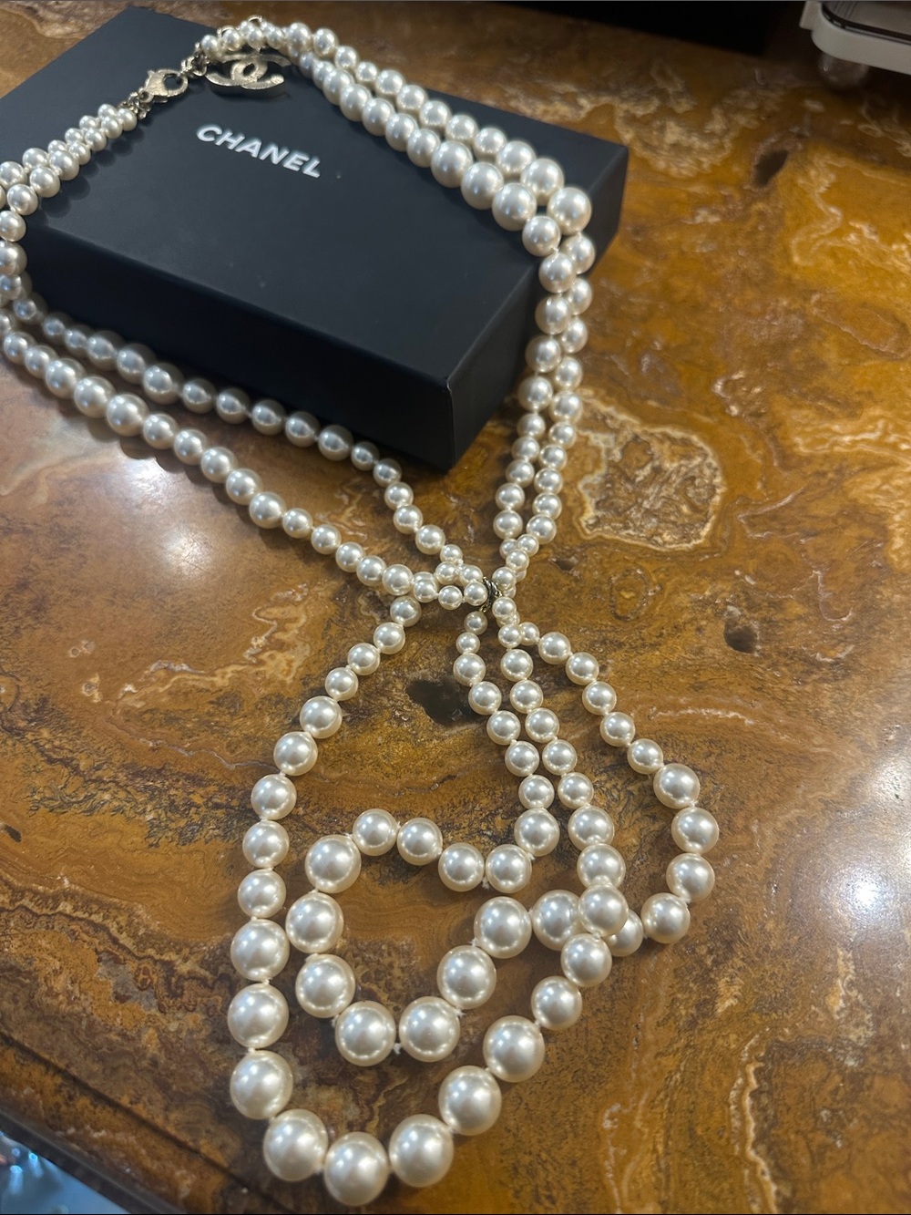 CHANEL Ivory Pearl Multi-Strand CC Pendant Necklace